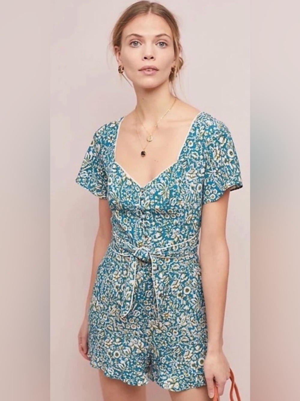 Maeve Anthropologie Point Breeze Floral Romper Blue White Flutter Sleeve Size 6